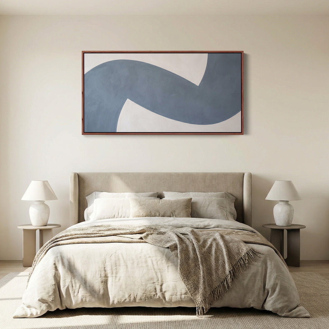 Blue Curved Abstract Form Above Bed Wall Art Horizontal Canvas Print For Bedroom