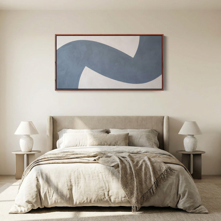 Blue Curved Abstract Form Above Bed Wall Art Horizontal Canvas Print For Bedroom