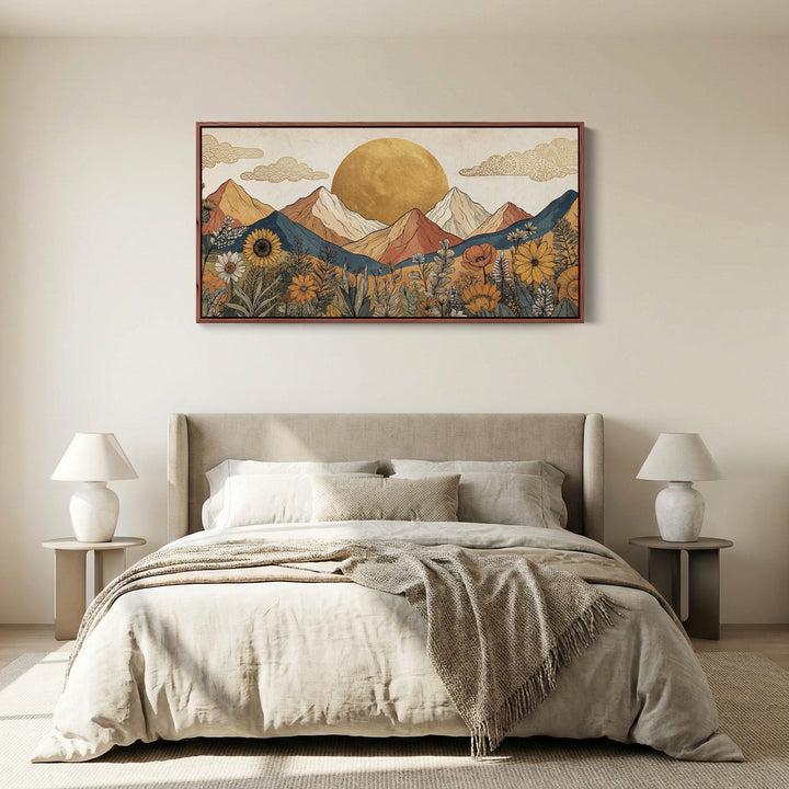 Stylised Mountain And Sun Large Wall Art Oversized Wall Decor For Living Room