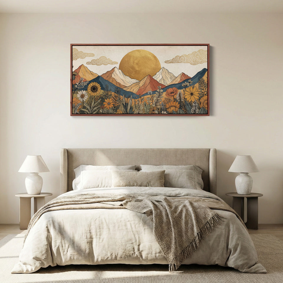 Stylised Mountain And Sun Large Wall Art Oversized Wall Decor For Living Room
