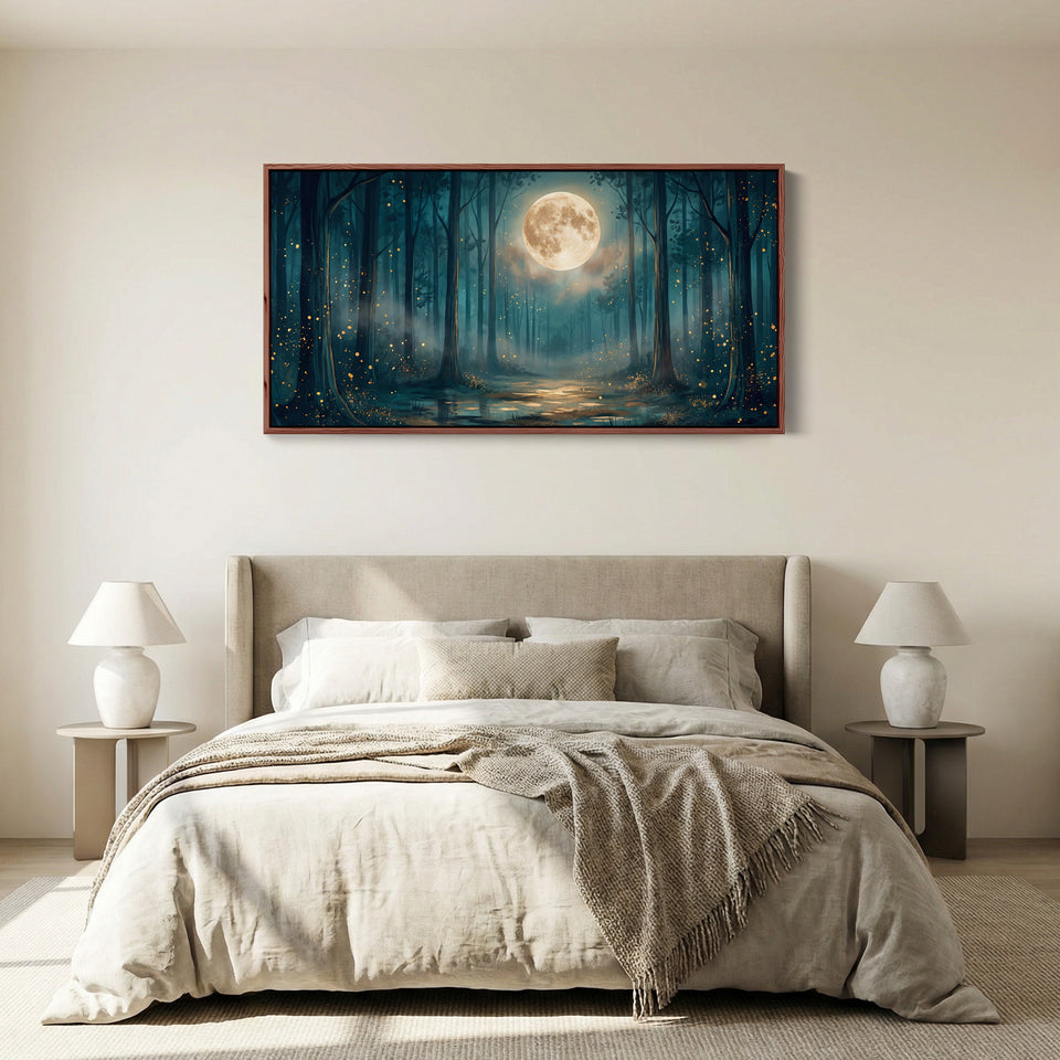 Moonlit Forest Panoramic Wall Art Horizontal Canvas Print For Bedroom