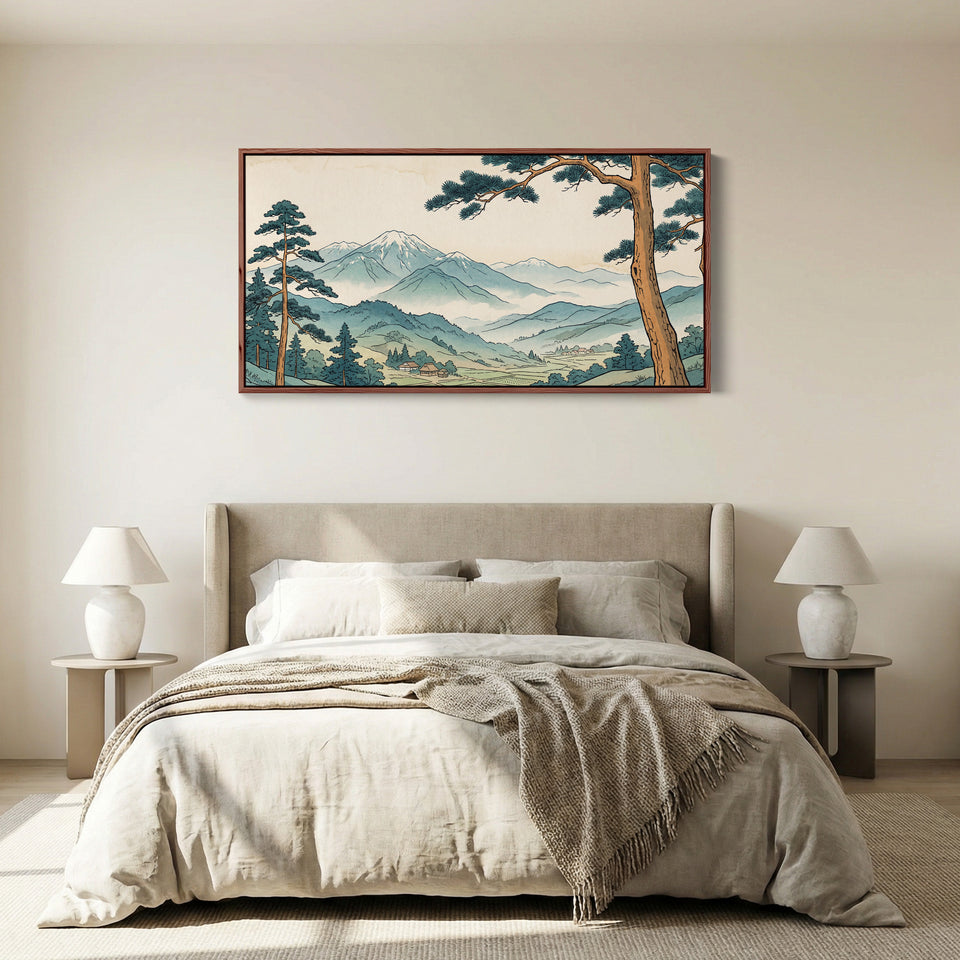 Japanese Mountain Landscape Wide Framed Canvas For Office