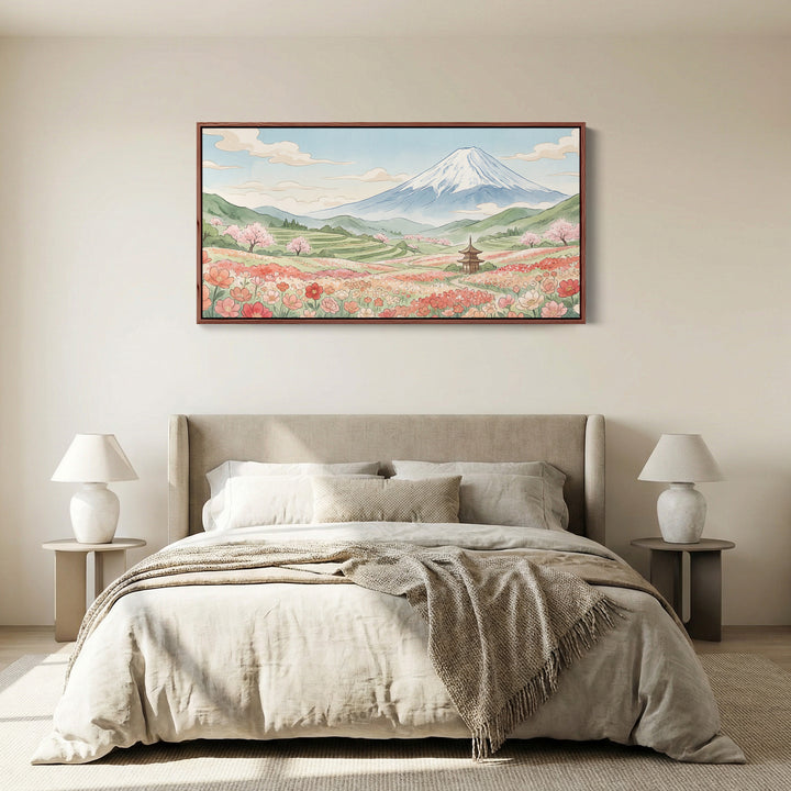 Mount Fuji Flower Field Long Wall Art Extra Wide Canvas For Living Room