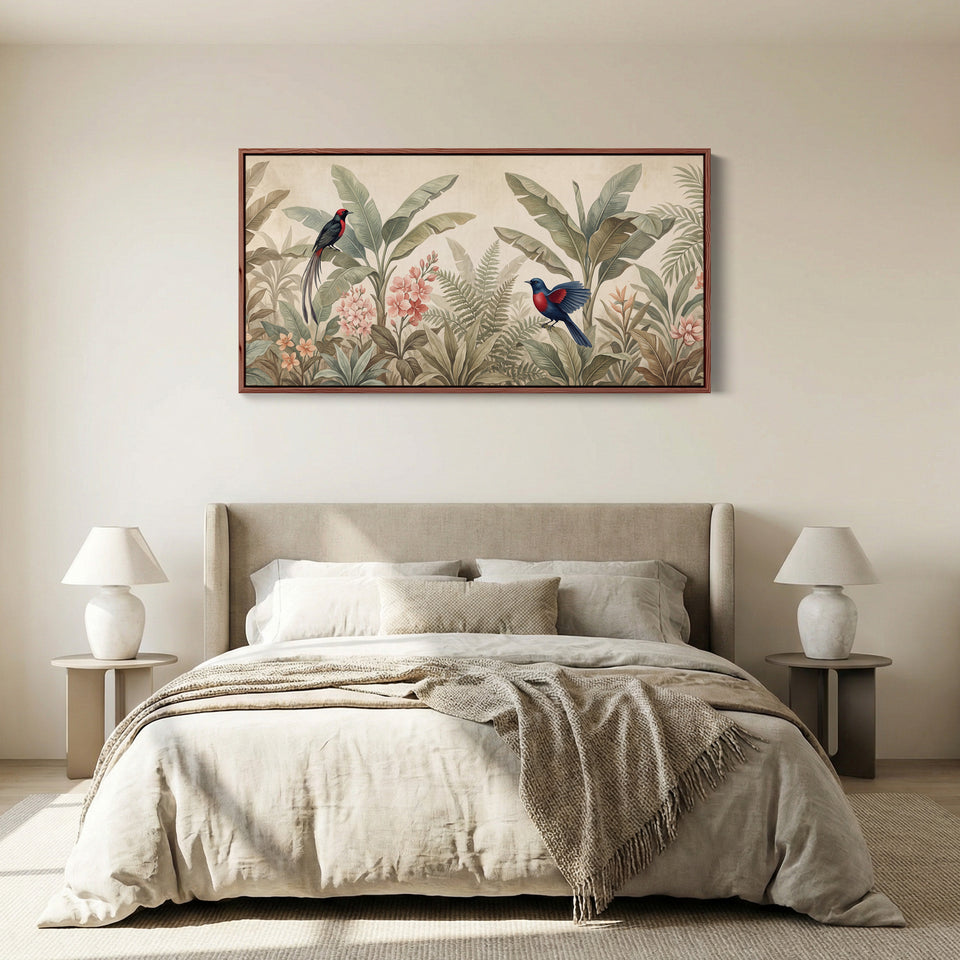 Tropical Birds Among Leaves Horizontal Wall Art Statement Wall Decor For Living Room