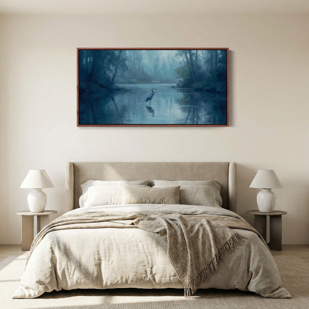 Misty Lake Heron Above Bed Wall Art Statement Wall Decor For Bedroom