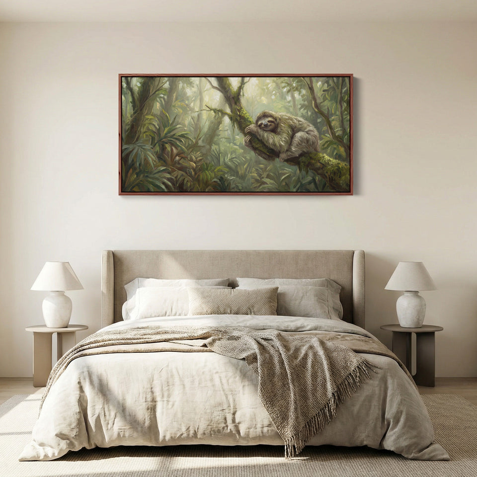 Horizontal Wall Art Sloth On Tree Branch Panoramic Canvas Print Bedroom