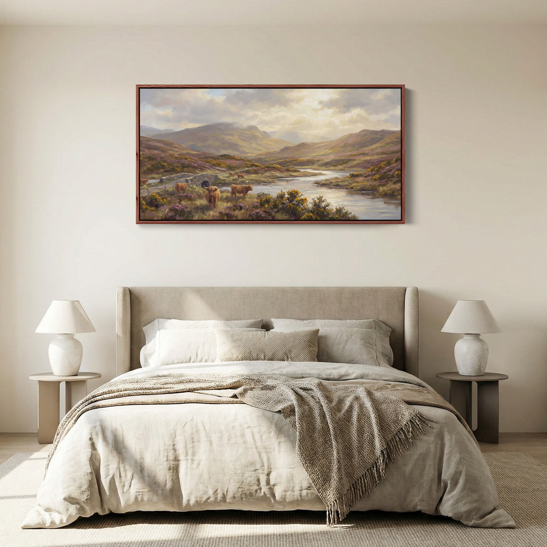 Highland Cows above soft wall art Extra Wide Canvas Office