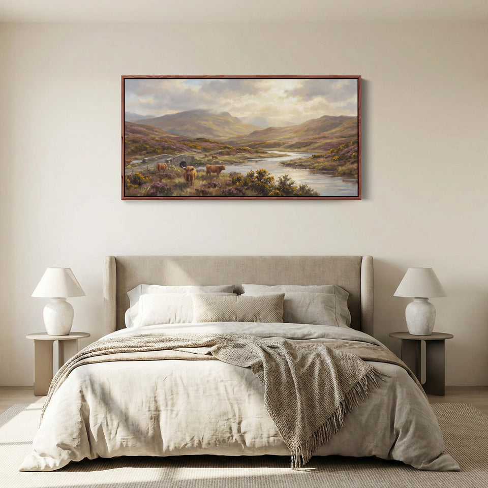Highland Cows above soft wall art Extra Wide Canvas Office