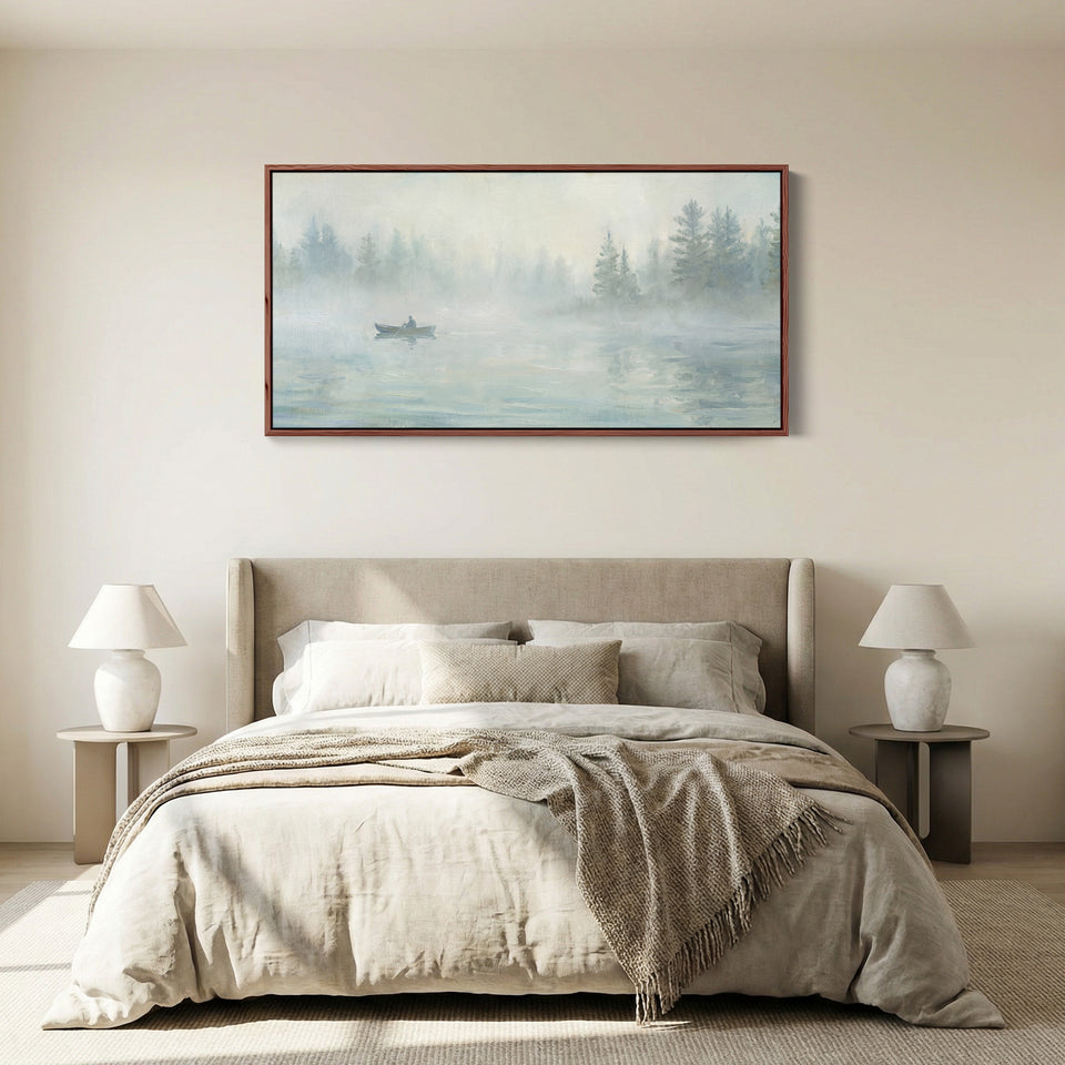 Misty Lake Boat large wall art Horizontal Canvas Print Office
