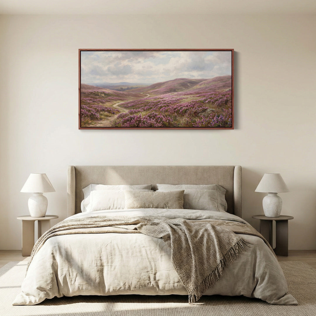 Heather Moorland wide framed canvas Panoramic Canvas Print Bedroom