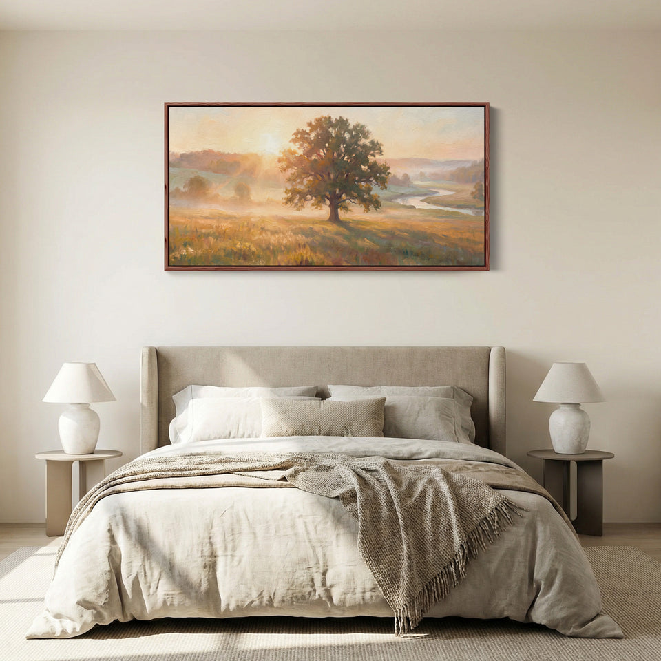 Lone Tree By River Above Bed Wall Art Horizontal Canvas Print For Bedroom