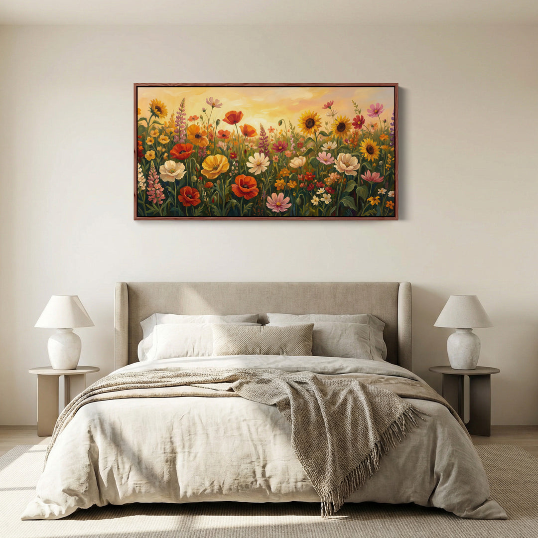 Colourful Wildflower Field Bedroom Wall Art Extra Wide Canvas For Bedroom