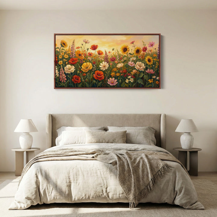 Colourful Wildflower Field Bedroom Wall Art Extra Wide Canvas For Bedroom