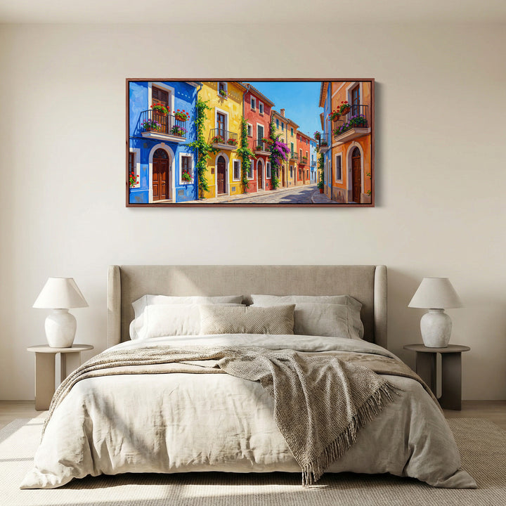 Colourful Village Street Wide Canvas Statement Wall Decor For Living Room