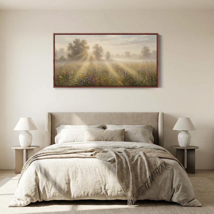 Misty Meadow Rays Long Wall Art Horizontal Canvas Print For Living Room