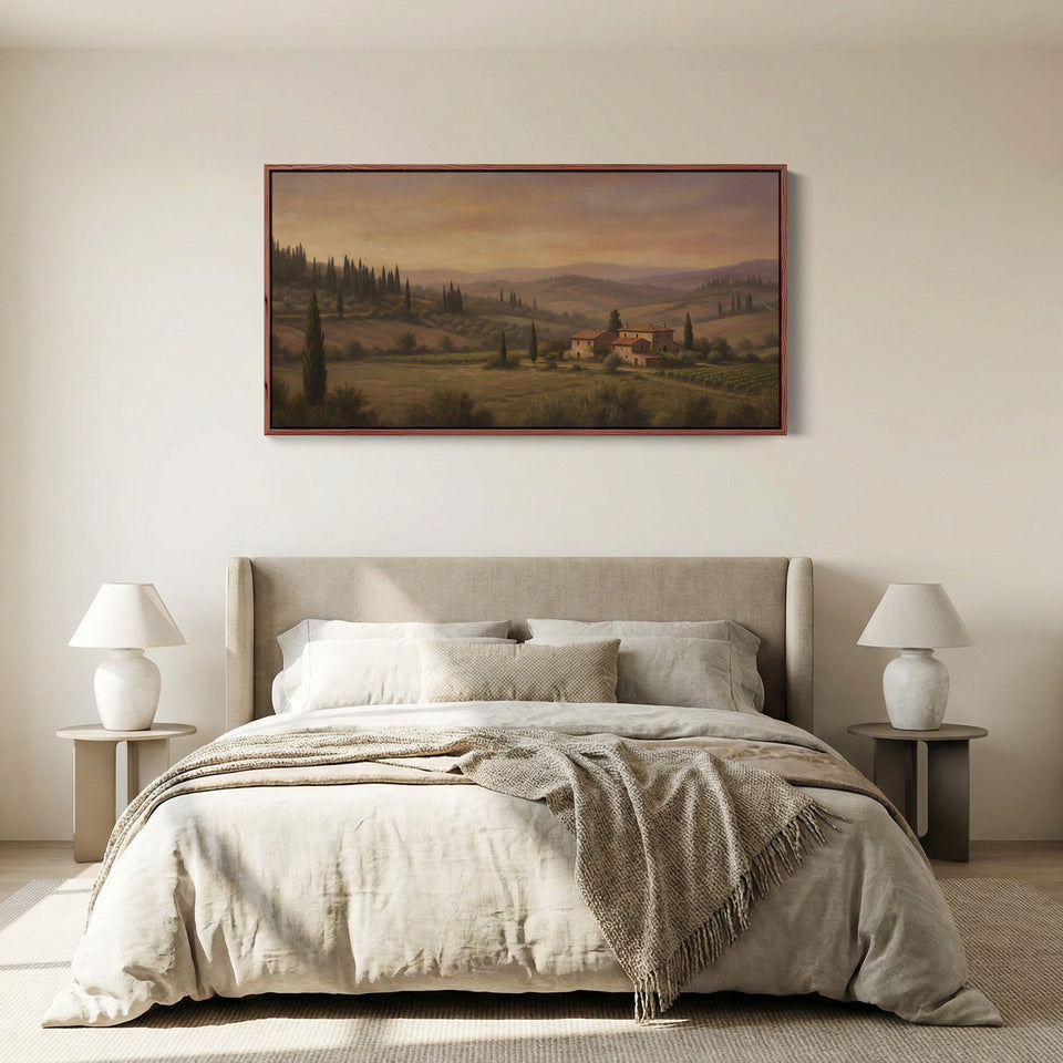 Tuscan Countryside Villa Above Soft Wall Art Panoramic Canvas Print For Living Room