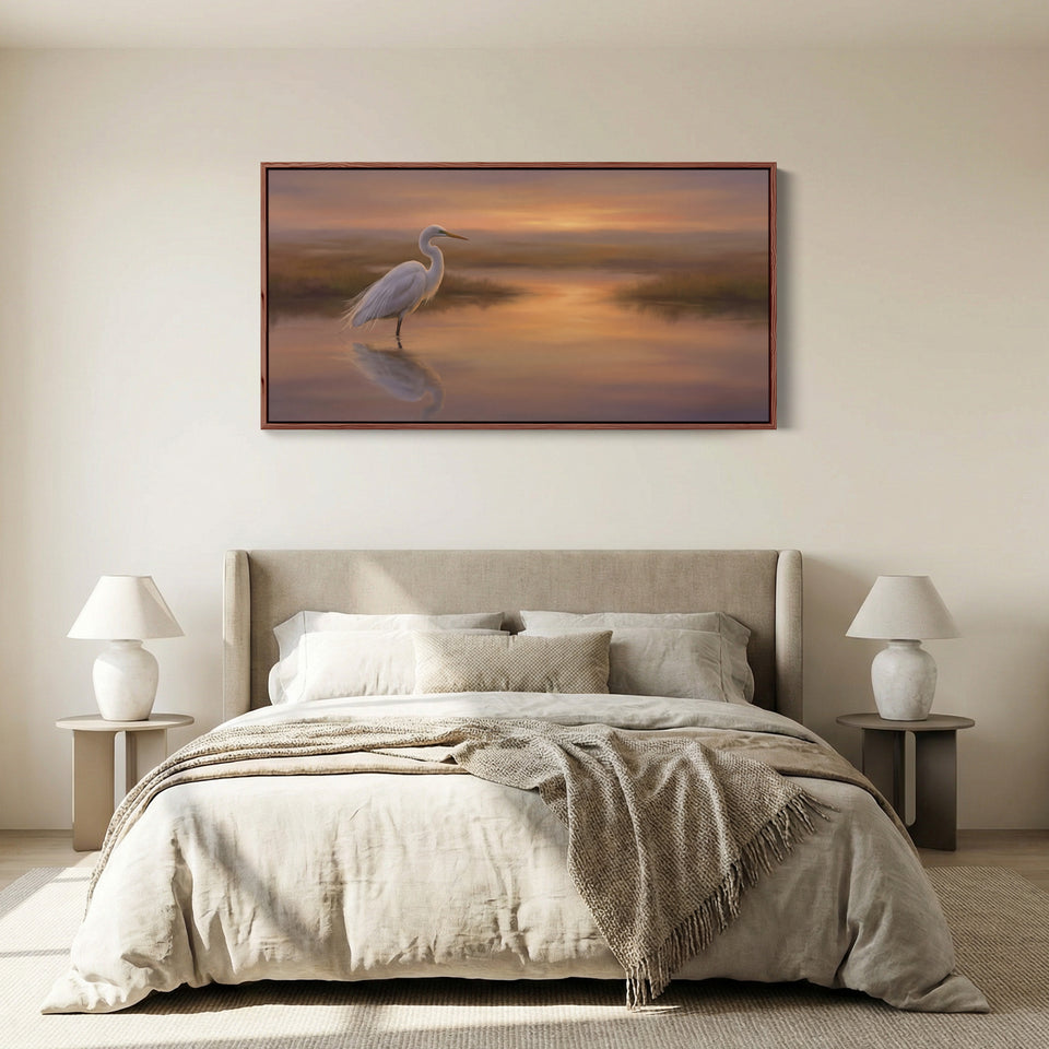 White Heron Long Wall Art Panoramic Canvas Print For Kitchen