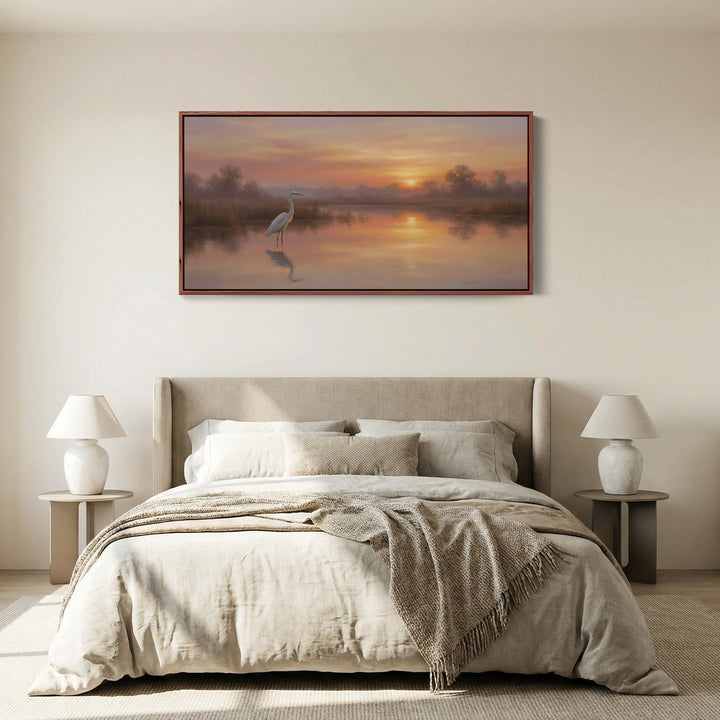 White Heron At Sunrise Horizontal Wall Art Oversized Wall Decor For Office