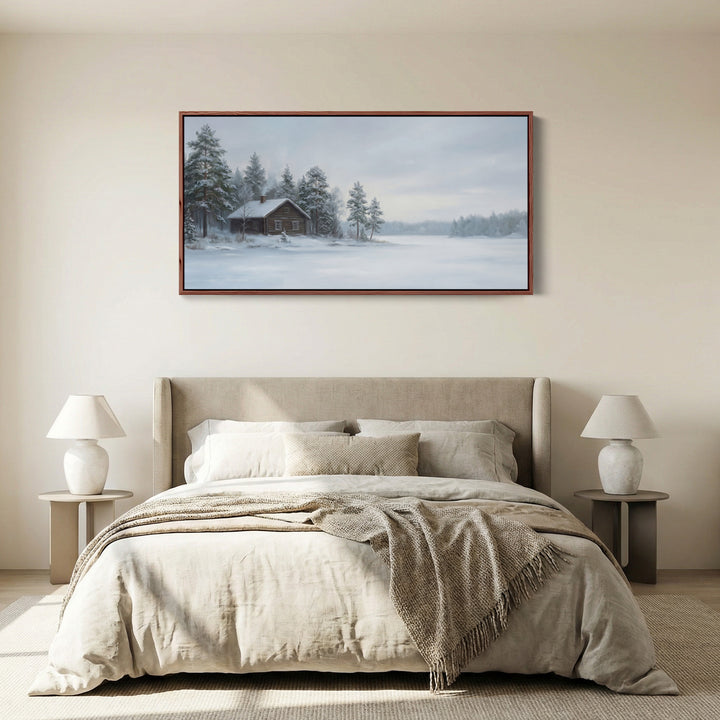 Snowy Cabin horizontal wall art Framed Canvas Print For Bedroom