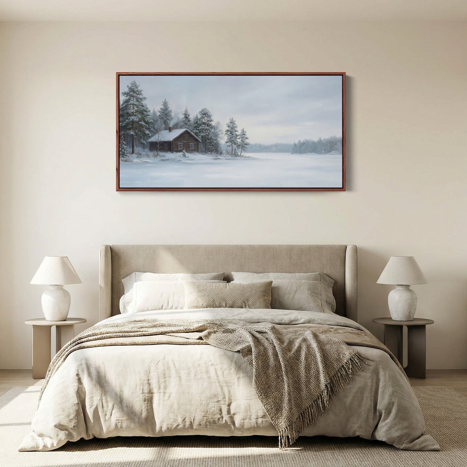 Snowy Cabin horizontal wall art Framed Canvas Print For Bedroom