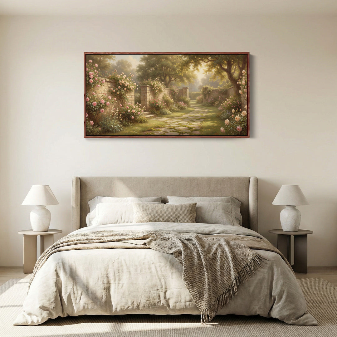 Rose Garden Path panoramic wall art Horizontal Canvas Print For Bedroom