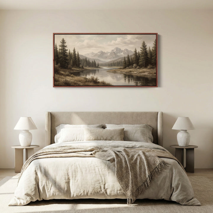 Mountain River Horizontal Wall Art Panoramic Canvas Print For Office