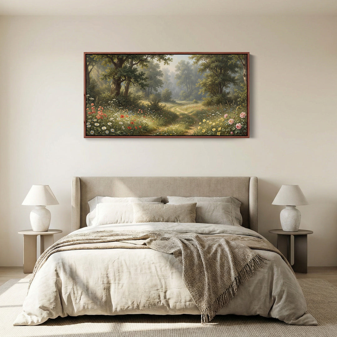 Horizontal Wall Art Woodland Wildflower Path Panoramic Canvas Print For Bedroom
