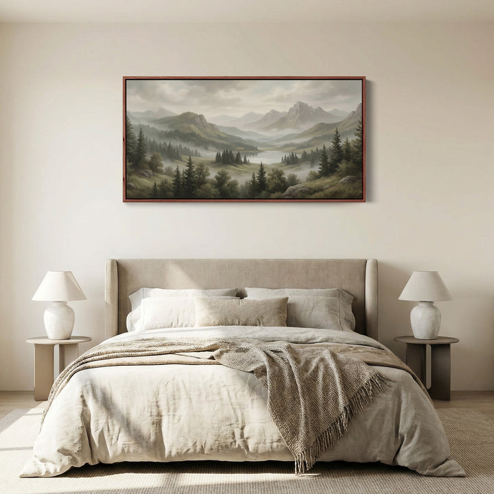 Above Bed Wall Art Misty Mountain Lake Valley Extra Wide Canvas For Living Room