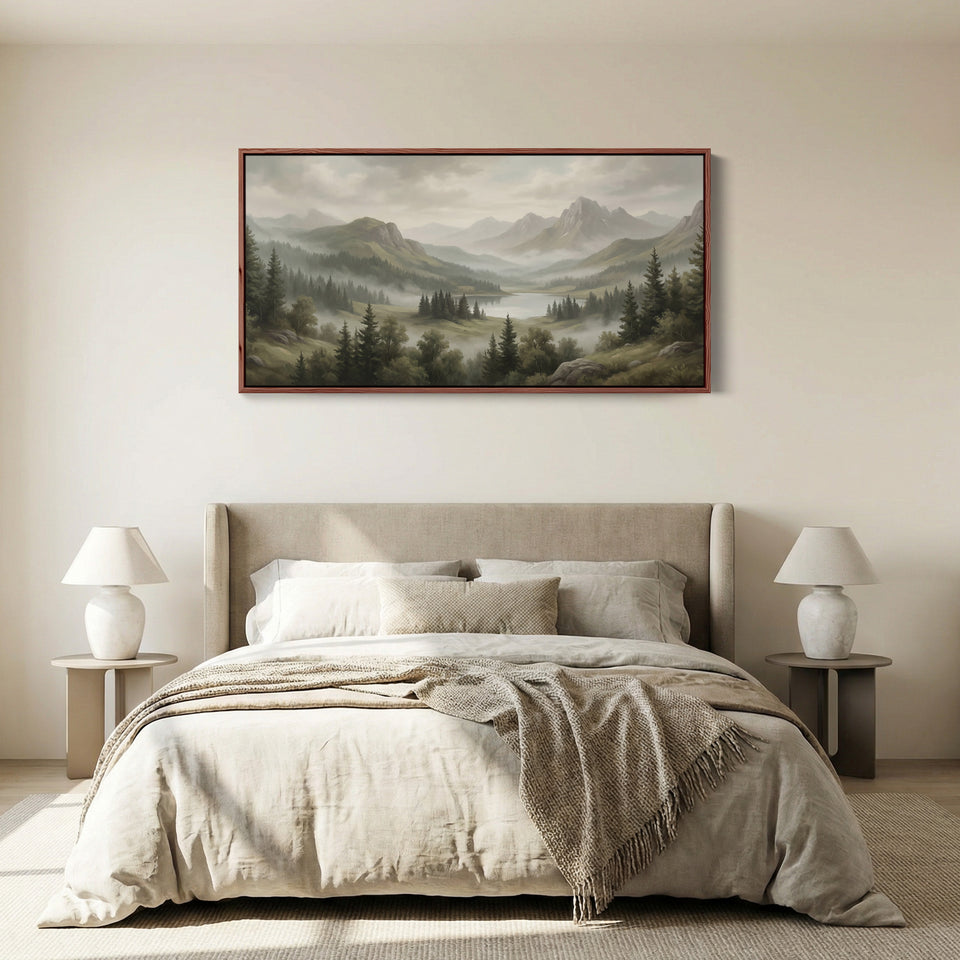 Above Bed Wall Art Misty Mountain Lake Valley Extra Wide Canvas For Living Room