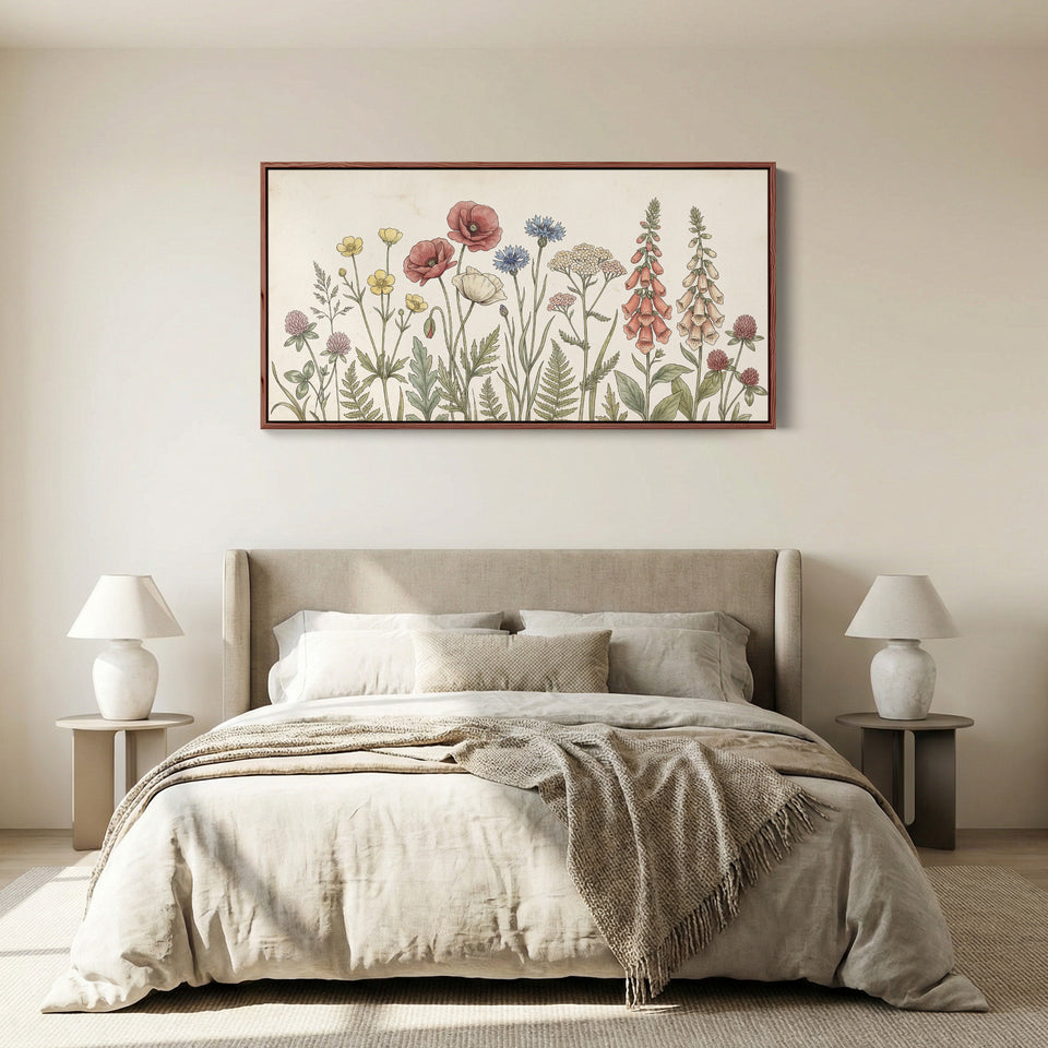 Panoramic Wall Art Vintage Meadow Flowers Illustration Extra Wide Canvas For Bedroom