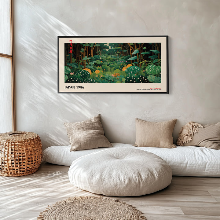 Yayoi Kusama large art mural scène forestière avec champignons toile horizontale pour chambre