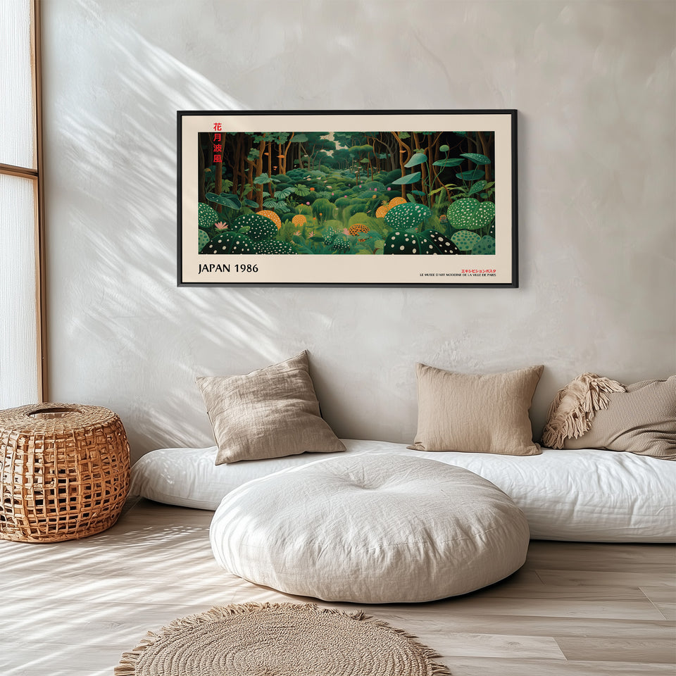 Yayoi Kusama large art mural scène forestière avec champignons toile horizontale pour chambre