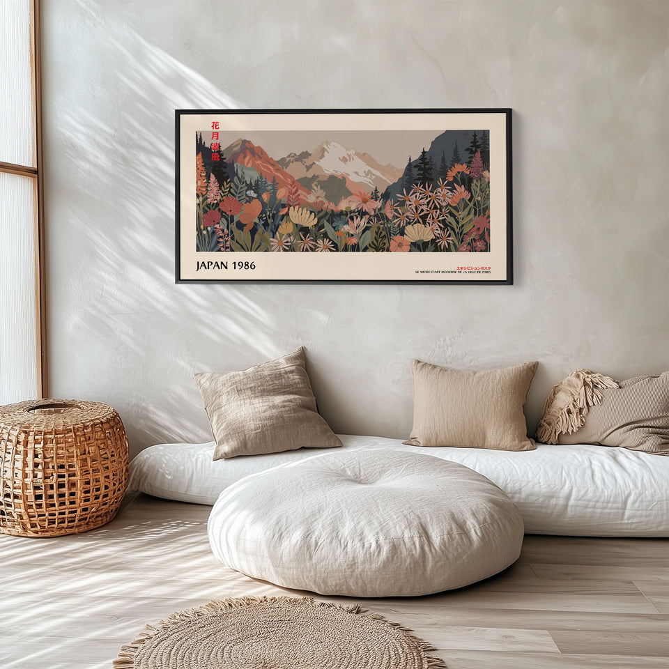 Wide Panoramic Wall Art – Snowy Mountain & Wildflowers, Muted Japanese-Inspired Landscape Print