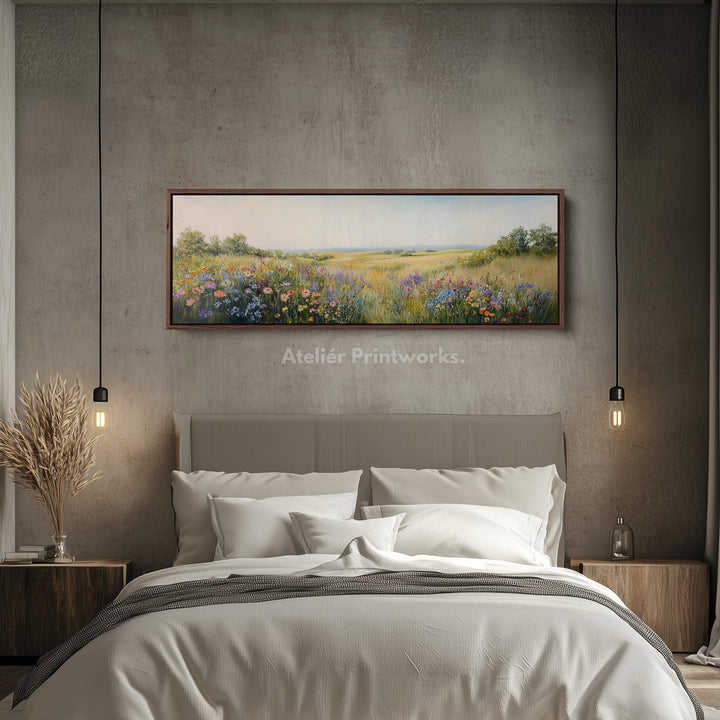 Vintage Wildflower Meadow Wide Skinny Framed Canvas Wall Art - H0046