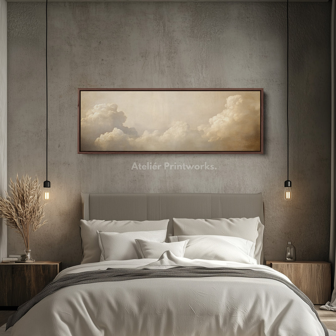 Long Horizontal Vintage Cloud Artwork Above Bed Wall Art - H0051