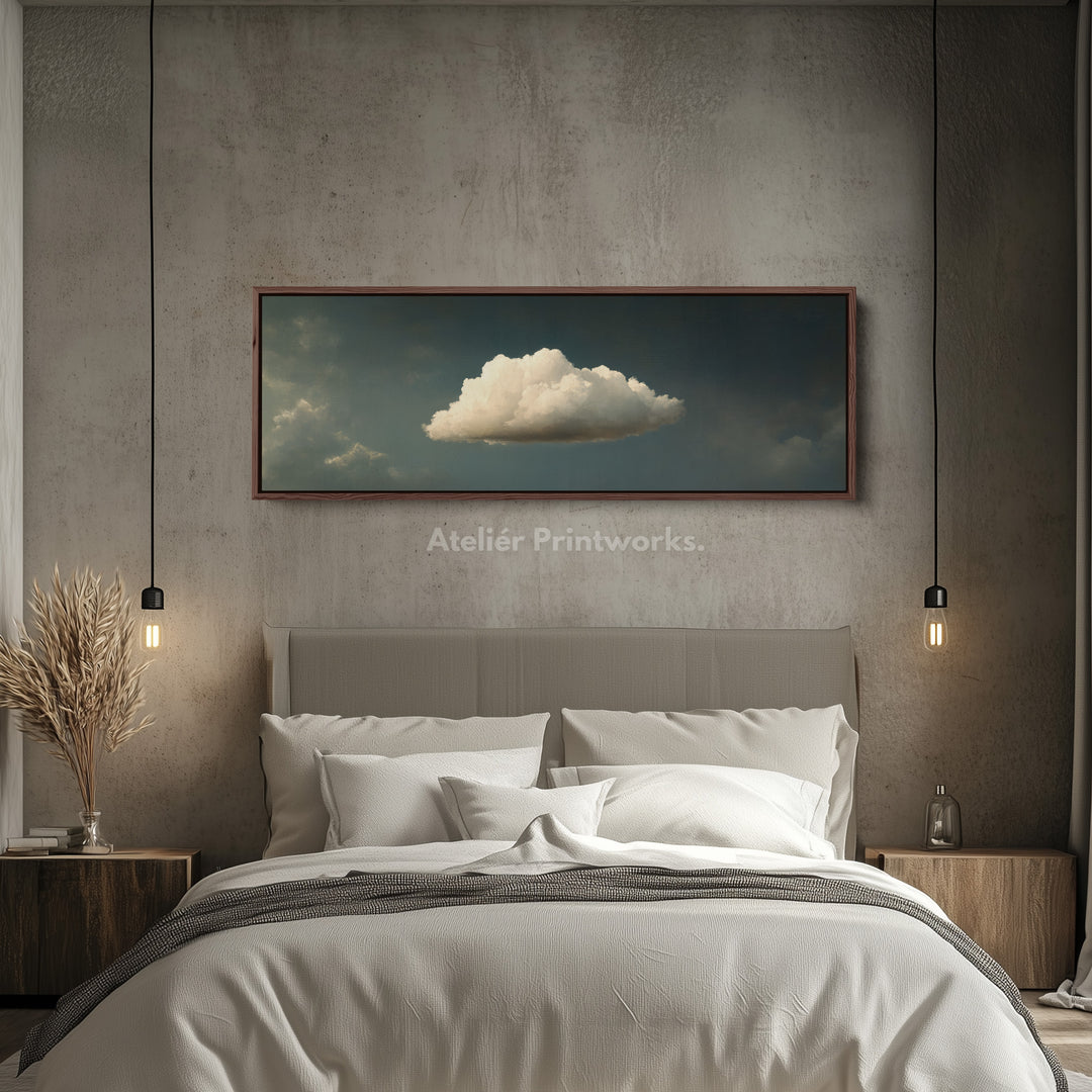 Above Bed Wall Art - Floating Blue & Green Cloud Minimalist Horizontal Wall Art - H0055