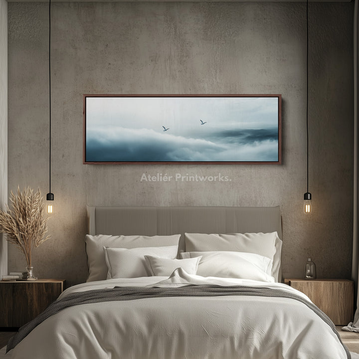 Panoramic Minimalist Cloud Long Narrow Wall Art Large Framed Canvas - H0057