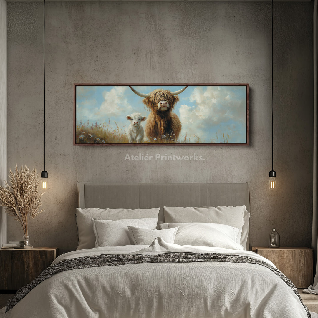 Scottish Highland Cow Framed Canvas Large Horizontal Wall Art - H0064