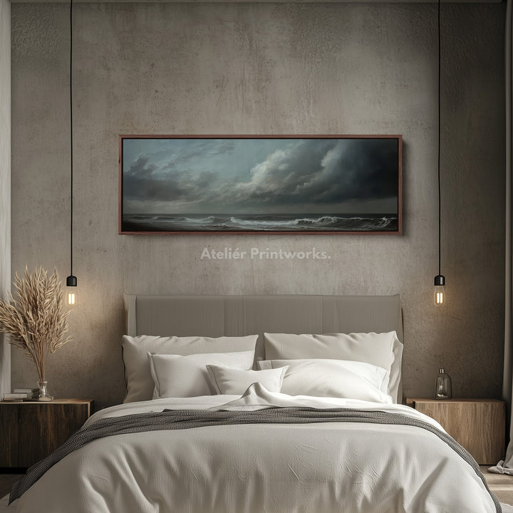 Moody Sea Long Horizontal Wall Art Above Bed Decor - H0074