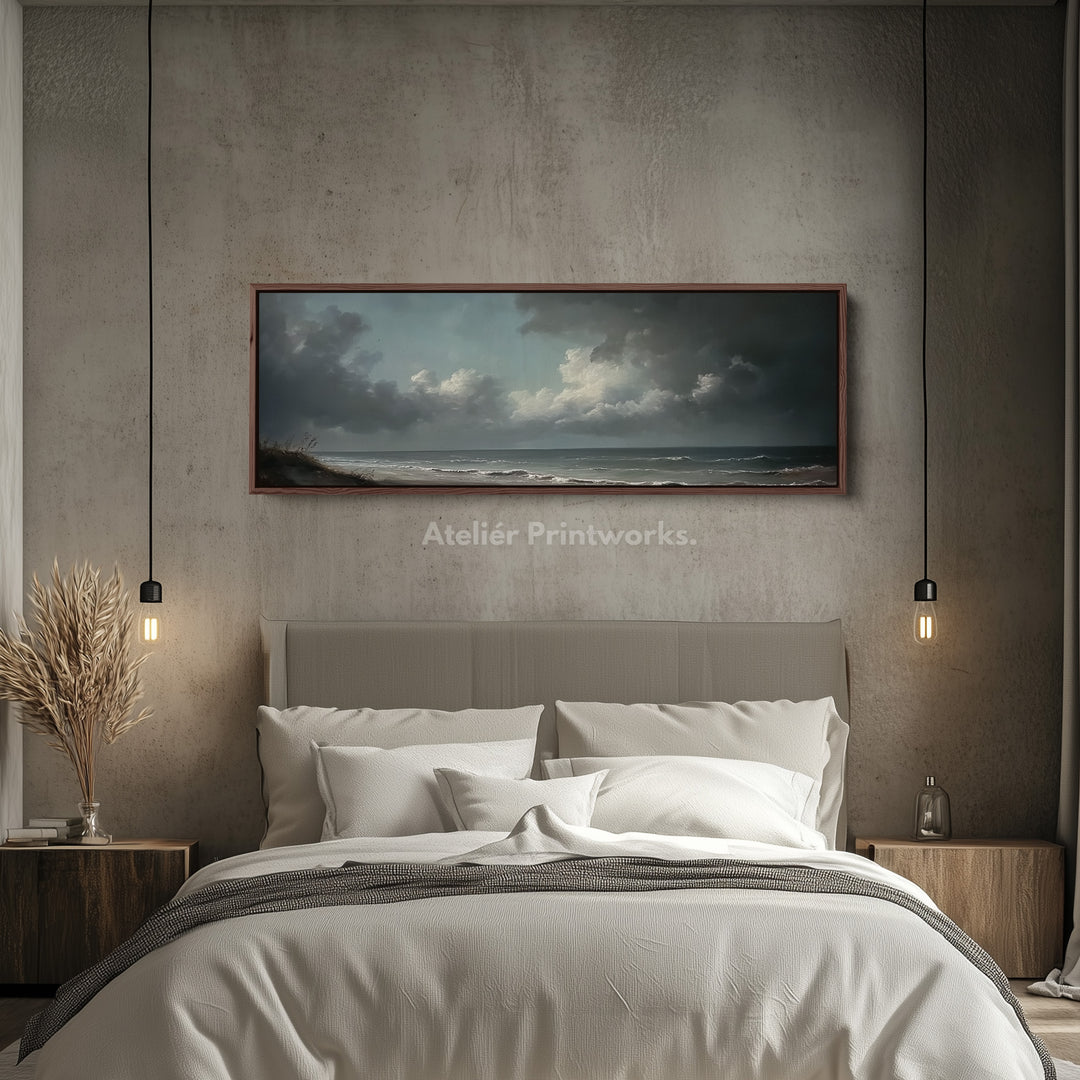 Stormy Sea Panoramic Long Horizontal Wall Art Above Bed Decor - H0075