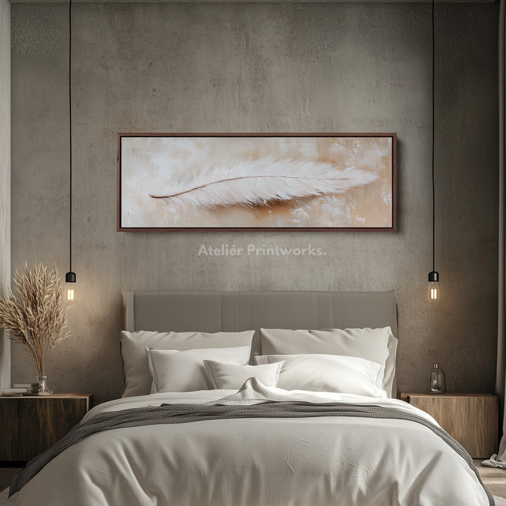 White Feather Panoramic Wall Art Horizontal Large Canvas Decor - H0081