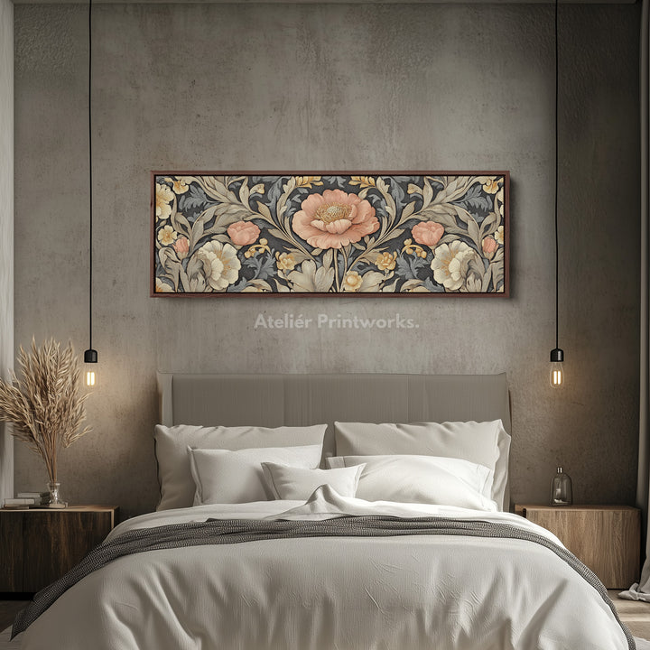 Vintage Floral Pattern Large Framed Canvas Long Narrow Horizontal Wall Art - H0083