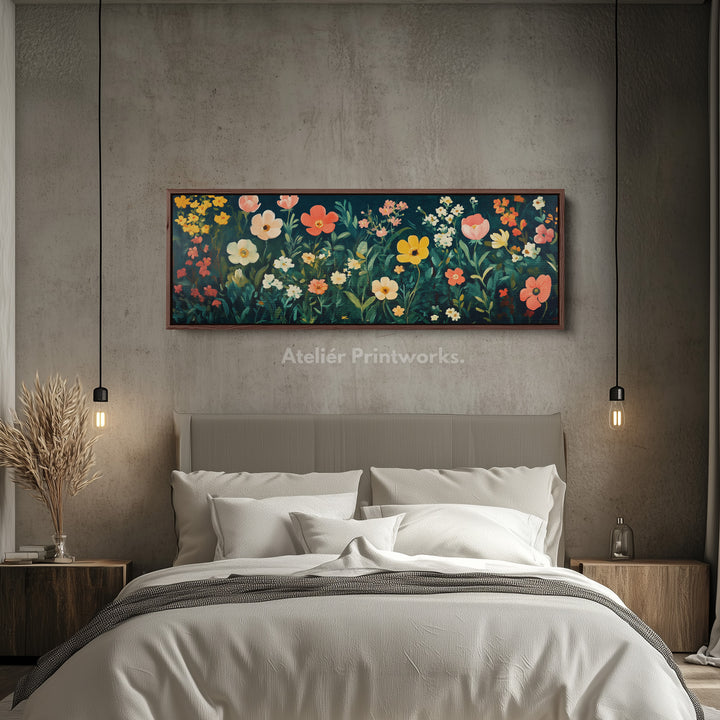 Abstract Floral Wildflowers Big Framed Wall Art Horizontal Decor - H0100