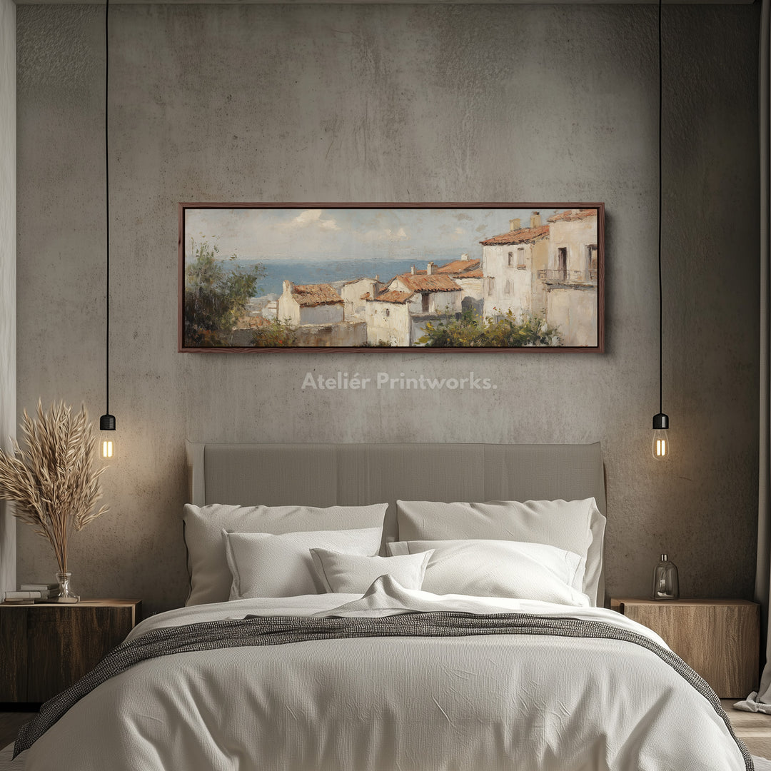 Mediterranean Coastal Seascape Large Framed Long Canvas Horizontal Wall Art - H0128