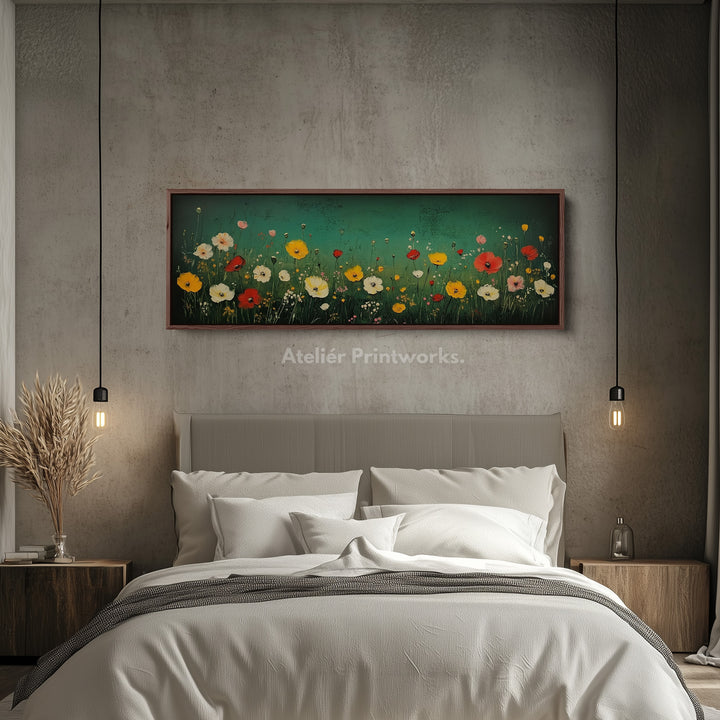 Vintage Wild Flower Meadow Long Horizontal Wall Art Panoramic Wall Decor - H0148