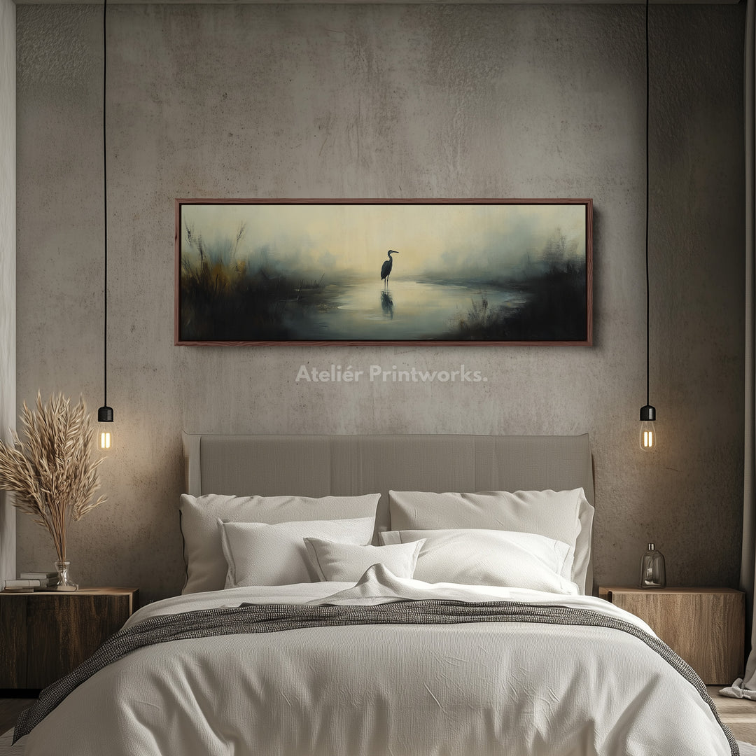 Muted Heron Above Bed Decor Framed Canvas Wall Decor - H0196