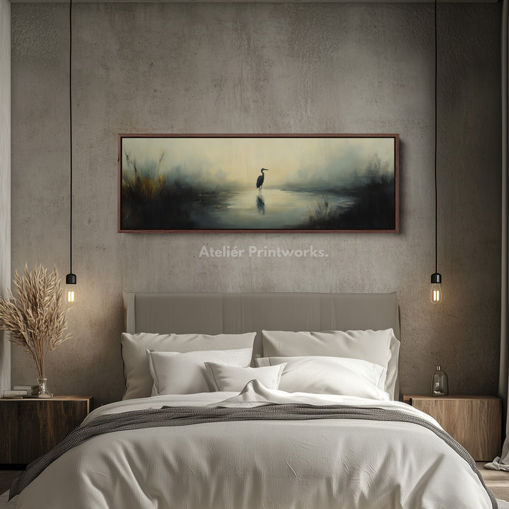 Muted Heron Above Bed Decor Framed Canvas Wall Decor - H0196