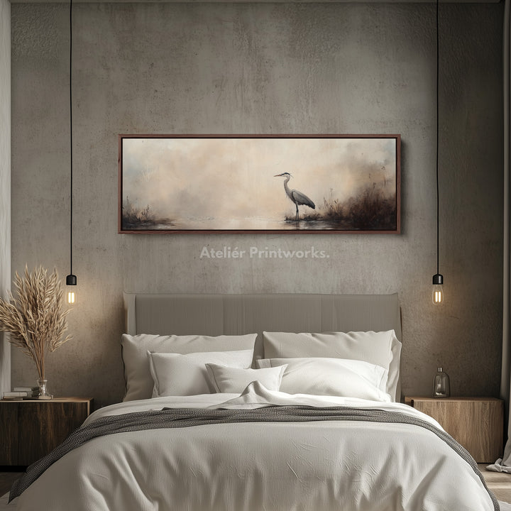 Vintage Heron Long Horizontal Skinny Framed Canvas - H0199
