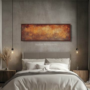 Rustic Orange & Brown Abstract Above Bed Long Narrow Horizontal Wall Art - Atelier Printworks