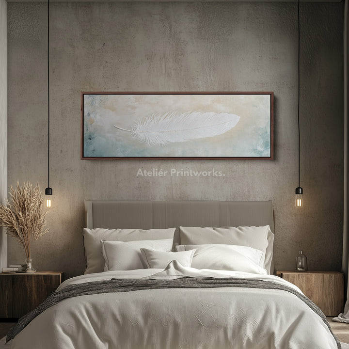 White Feather Above Bed Framed Canvas Wall Art - H0232